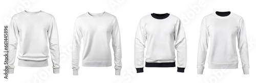 Collection of blank white sweatshirt templates. Pullovers with long sleeves, mockups for design and print, isolated on a transparent background with clipping path.