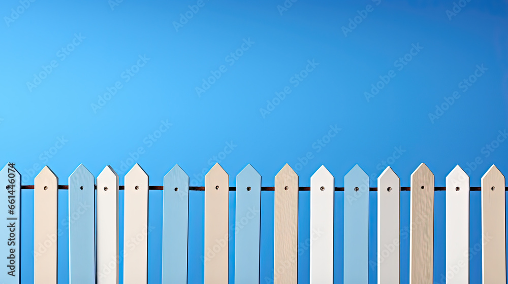 A wooden barrier with white and blue stakes on a blue sky background A wooden barrier with white and blue stakes on a blue sky background