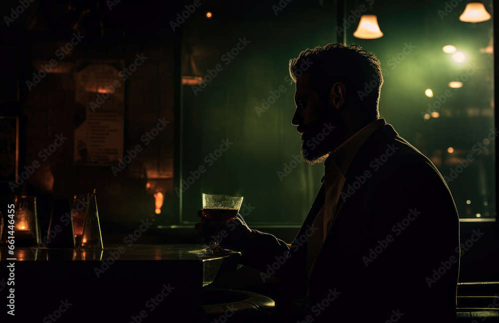 Man sits in a dark bar and drinks alcohol
