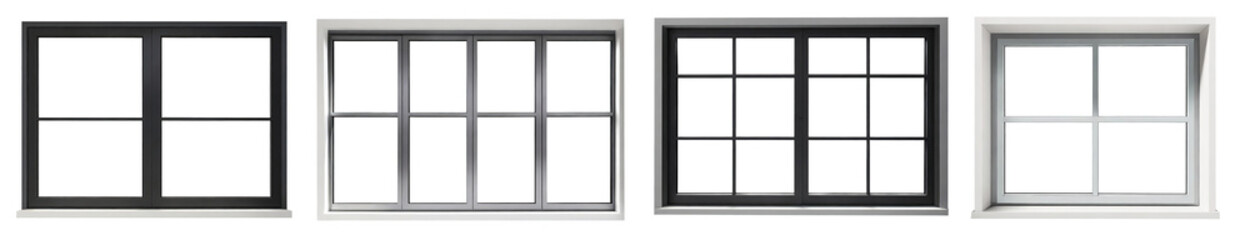 Real modern windows set isolated on a white background, various office frontstore frames collection for design, exterior building aluminum facade element.PNG file, clipping path .