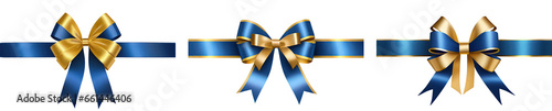 Set of blue realistic bow ribbon, gift wrap decoration, isolated on a transparent background. PNG, cutout, or clipping path.