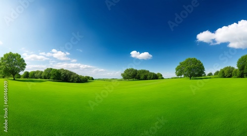 landscape with green grass and trees, landscape with grass and sky, field and sky, panoramic view off green grass field © Gegham