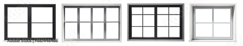 Real modern windows set isolated on a white background, various office frontstore frames collection for design, exterior building aluminum facade element.PNG file, clipping path .