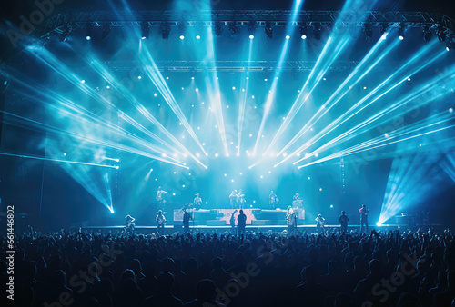 A mesmerizing performance lit up by vibrant blue lights as the crowd swayed to the beat of the music, enveloped by the energy of the concert at the music venue