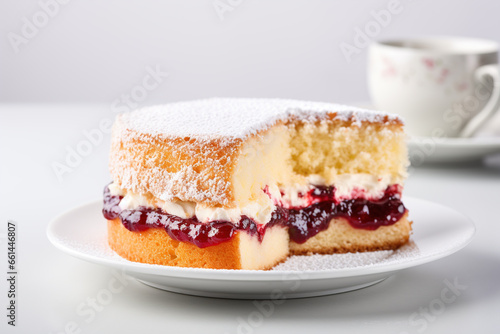 Victoria sponge cake, a classic British dessert featuring layers of fluffy sponge filled with jam and cream, isolated on a white background