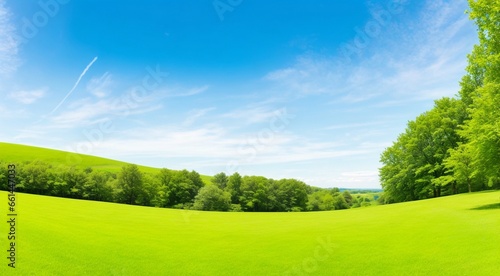 landscape with green grass and trees, landscape with grass and sky, field and sky, panoramic view off green grass field