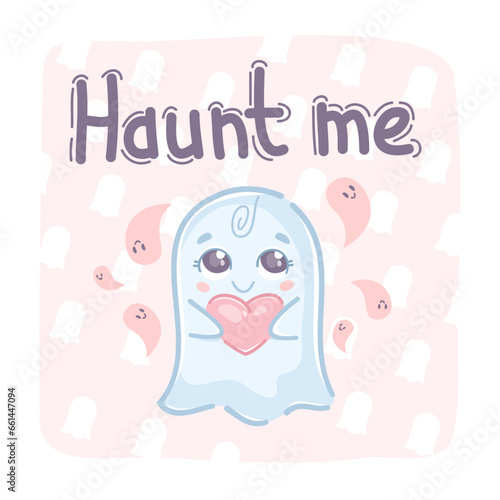 A flying ghost character in doodle style, blue, surrounded by ghosts, on a pink background. Haunt me. With calligraphic lettering.
