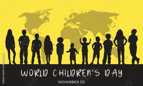 World Children's Day design. It features with silhouette of a group of children on a yellow background with a world map. Vector illustration