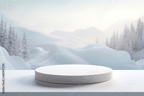 Empty round stone podium in winter background with copy space. for product display, generative ai © Nia™
