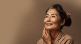 Portrait of happy old mature woman smiling. Korean, japanese beauty skincare