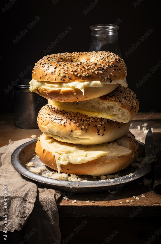 A mouthwatering tower of fresh bagels, piled high on a plate, beckons from the table, tempting with its warm aroma and promise of indulgence A mouthwatering tower of fresh bagels, piled high on a plate, beckons from the table, tempting with its warm aroma and promise of indulgence