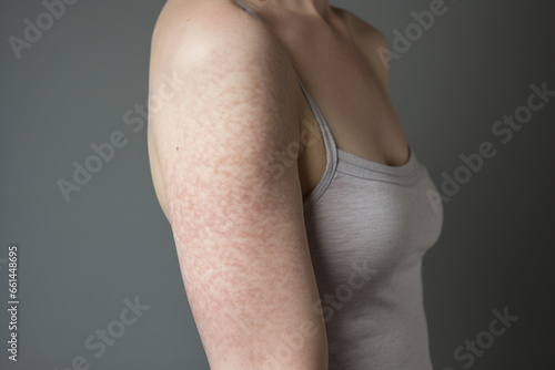 Woman with atopic eczema, close-up on arm, skin problem