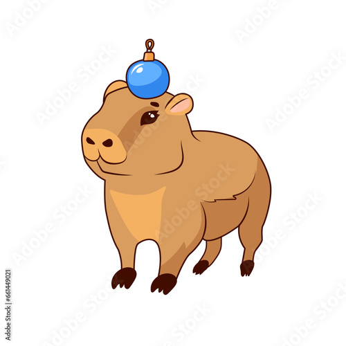 Cute baby capybara with a glass ball for the Christmas tree on his head stands on a white background, isolate