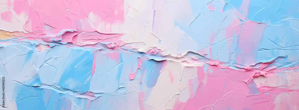 Abstract art acrylic smear blot, abstraction-création. Interior painting, in the style of colorful impasto neon pastel colour, light blue and pink, color stain brushstroke texture background.