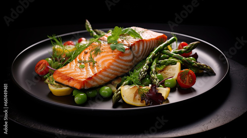 Horizontal illustration with dish of salmon, broccoli and quinoa. For backgrounds, covers, banners and other projects about healthy nutrition.
