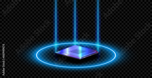 Futuristic microchip processor with lights on the blue background. Quantum computer, large data processing, database concept. Future technology Modern Future background technology 