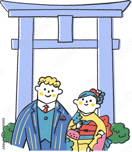鳥居の前に立つ成人式の若い人たち　イラスト素材
