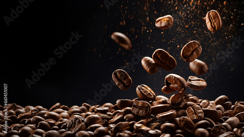 Roasted coffee beans mid-air, glistening and cascading, illuminated against a dark, dramatic backdrop, capturing the essence of a fresh brew
