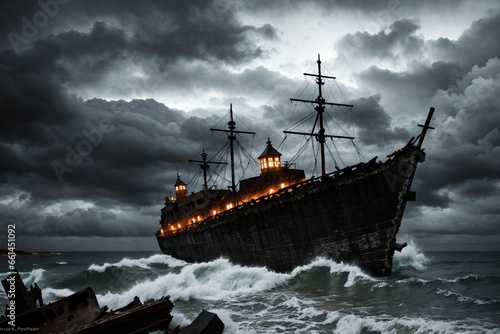 Halloween night, ghost ship sailing on the sea, cloudy sky and brightly lit ship