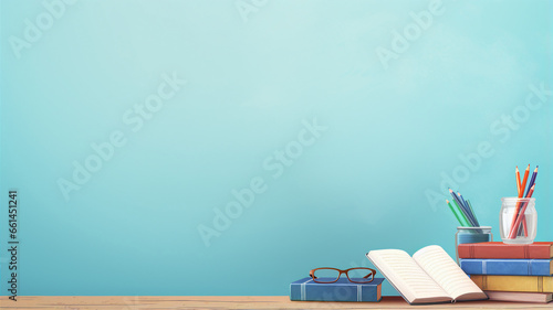A serene study setting with colorful pencils, books, glasses, and an open notebook against a calming blue backdrop