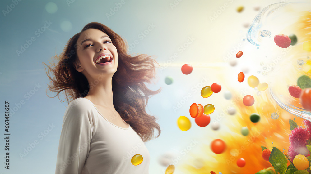 A joyful woman with flowing hair surrounded by vibrant fruit and water splash against a sky-blue backdrop A joyful woman with flowing hair surrounded by vibrant fruit and water splash against a sky-blue backdrop