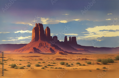 Watercolor desert landscape with rocks and sand, watercolor painting AI