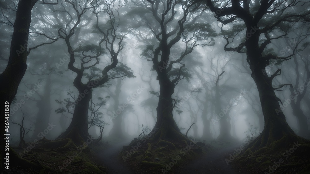 A dark and eerie forest, shrouded in mist and shadows, with gnarled trees reaching towards the sky. The only sound is the crunch of leaves underfoot as you make your way deeper into the unknown.
