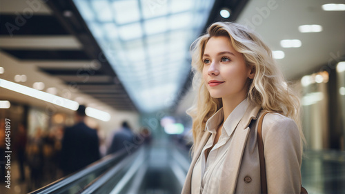 Young woman with blonde hair in a beige coat, gazing away thoughtfully inside a modern interior with illuminated ceiling and escalator