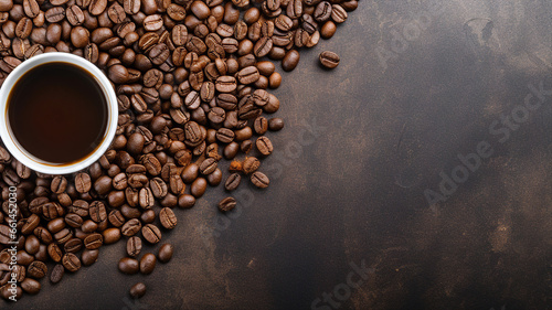 Steaming cup of coffee surrounded by aromatic roasted beans on a rustic wooden backdrop