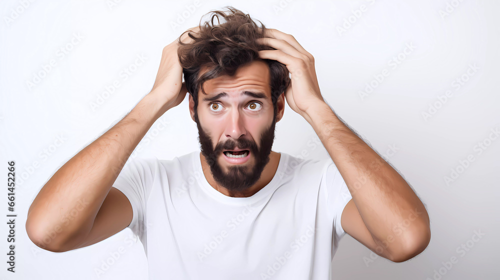 Brunette haired young man with beard wearing orange T-shirt standing with mouth open surprised or shocked expressions, his hands-on head isolated on white background. Close up and studio photo concept Brunette haired young man with beard wearing orange T-shirt standing with mouth open surprised or shocked expressions, his hands-on head isolated on white background. Close up and studio photo concept
