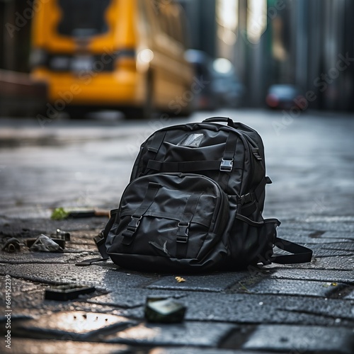 School backpack lost on the street floor. photo