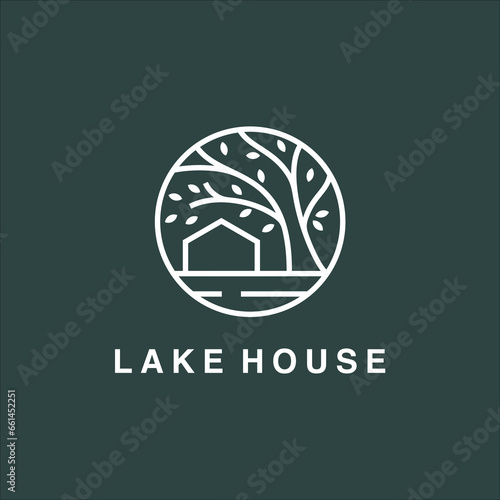 lake house with tree rings line art logo vector