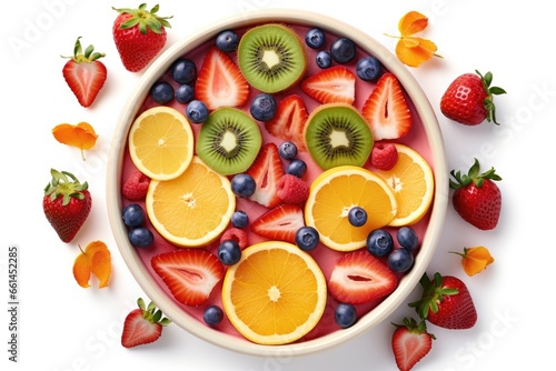 Diverse fruit assortment showcased in a circular platter, vibrant colors popping against white backdrop.