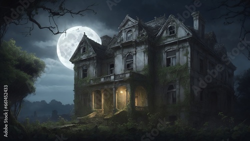 A dilapidated mansion, its windows boarded up and its walls covered in ivy. The moon casts an eerie glow on the crumbling structure, and you can't help but feel a sense of foreboding as you approach. © DynaVerse3D