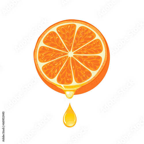 Orange fruit and drop of flowing fresh juice. Vector cartoon illustration of citrus.