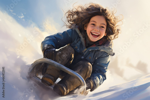 child sledding down a snowy hill