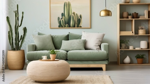 Stylish Scandinavian living room with green velvet sofa