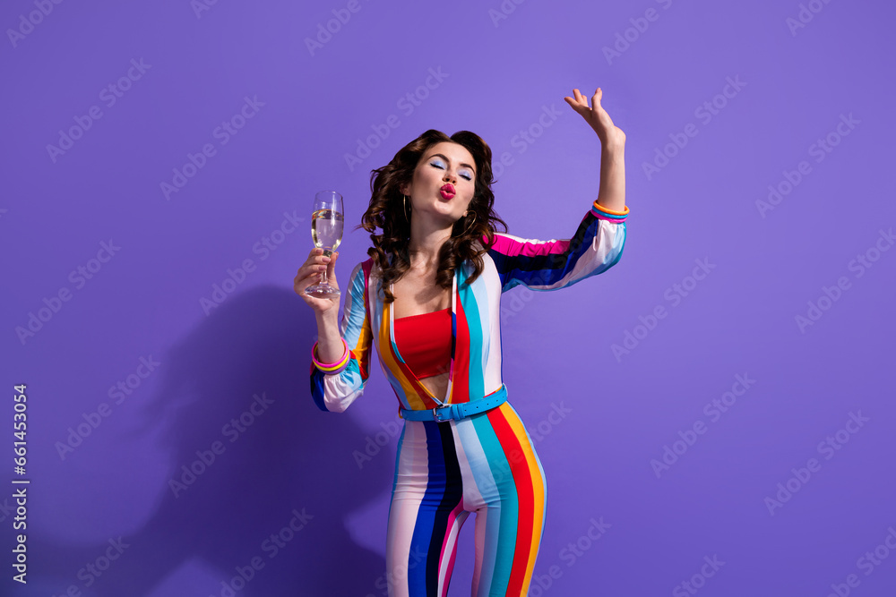 Photo of carefree drunk lady with sparkling wine glass celebrate x mas event isolated on bright color background