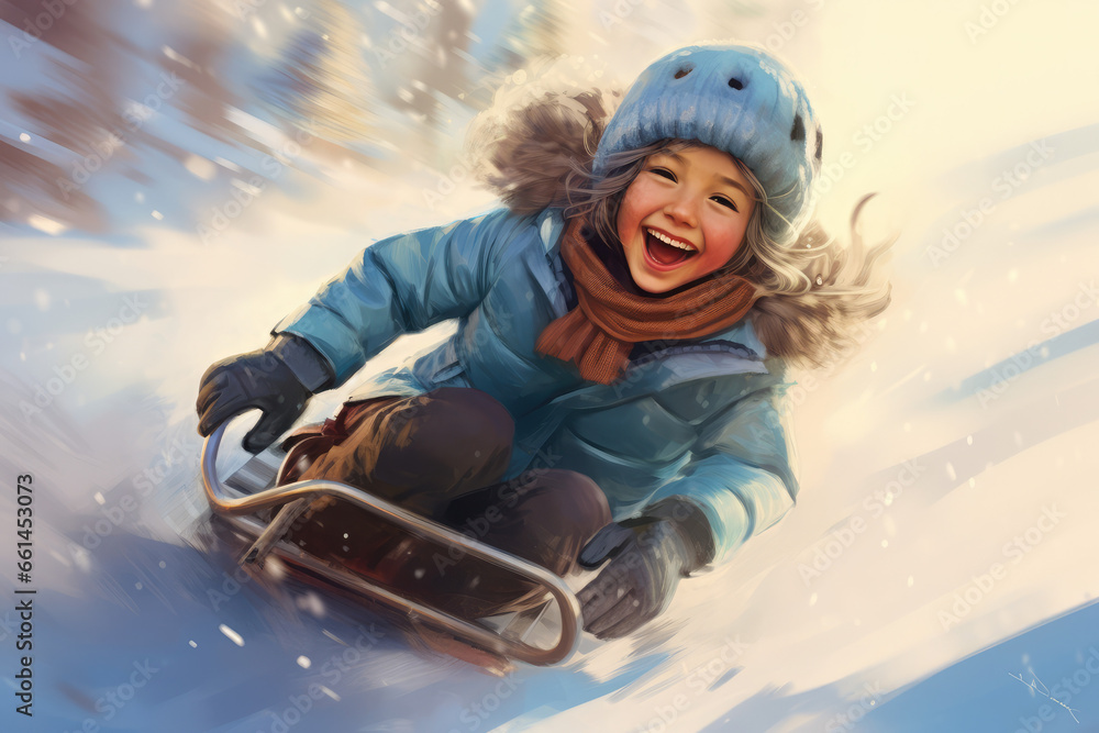 child sledding down a snowy hill