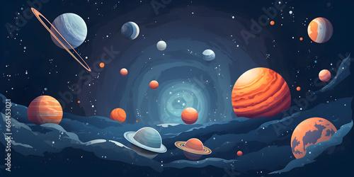 Colorful space background with many planets