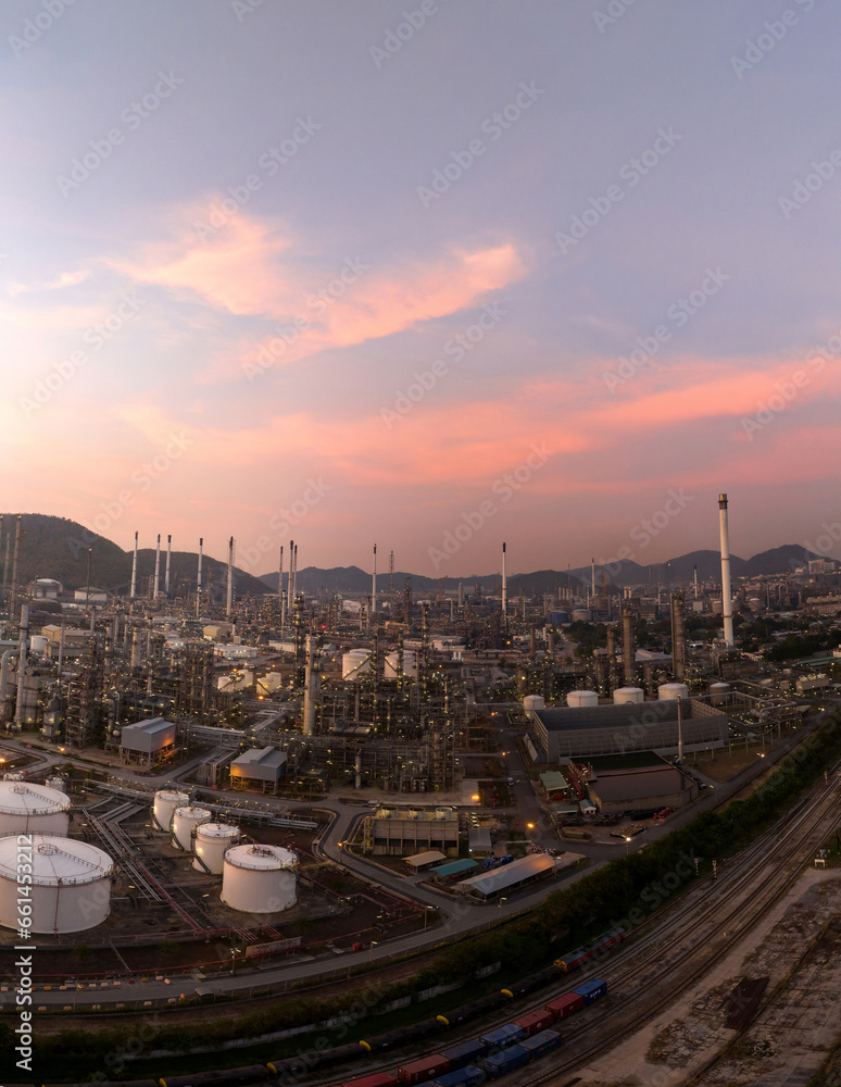 Naklejka premium Oil Refinery pant. Gas Petrochemical Chemical Equipment Prodiction import export Concept, Crude Oil Refinery Plant Steel Pump Pipe line and Chimney and Cooling tower, Chemical Petrochemical plant