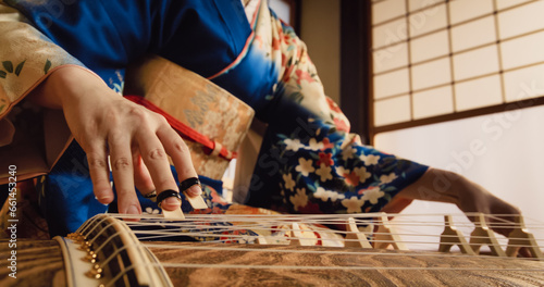 Authentic Japanese Koto Player Practising the Art of String Music in Her Traditional Home. Musician in Blue Kimono Using a Long Japanese Board Zither with 13 Silk Strings and Movable Bridges photo