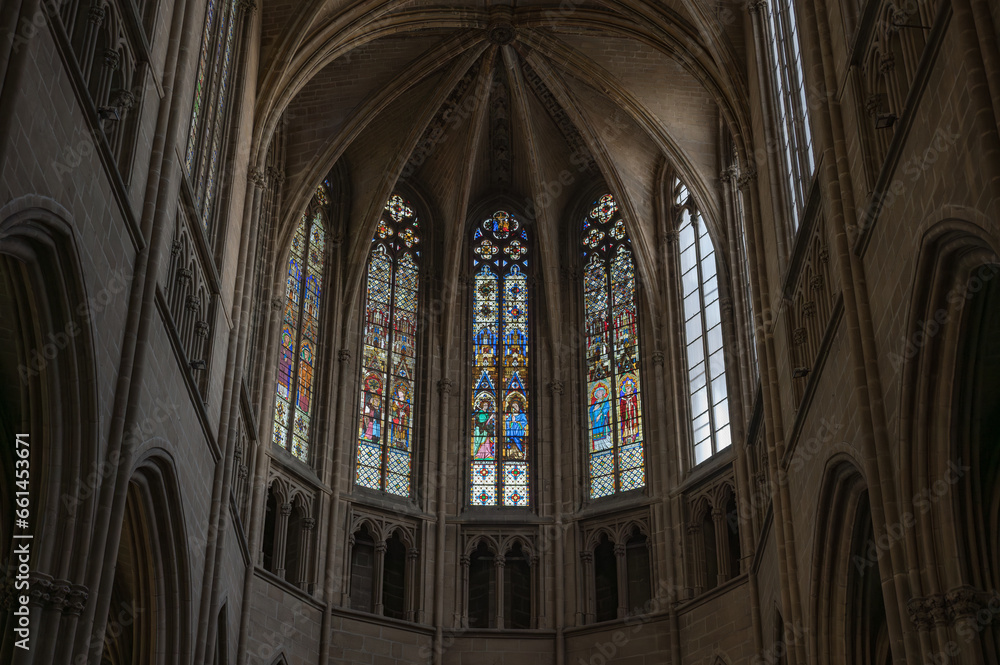 Interior detail of the stained glass windows of Limoges Cathedral, France