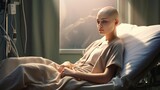 Woman with no hair on her head on bed in hospital