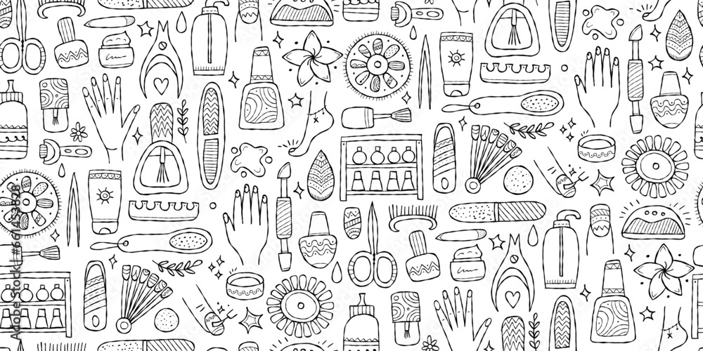 Manicure and pedicure collection. Horizontal seamless pattern background for your design. Colouring page