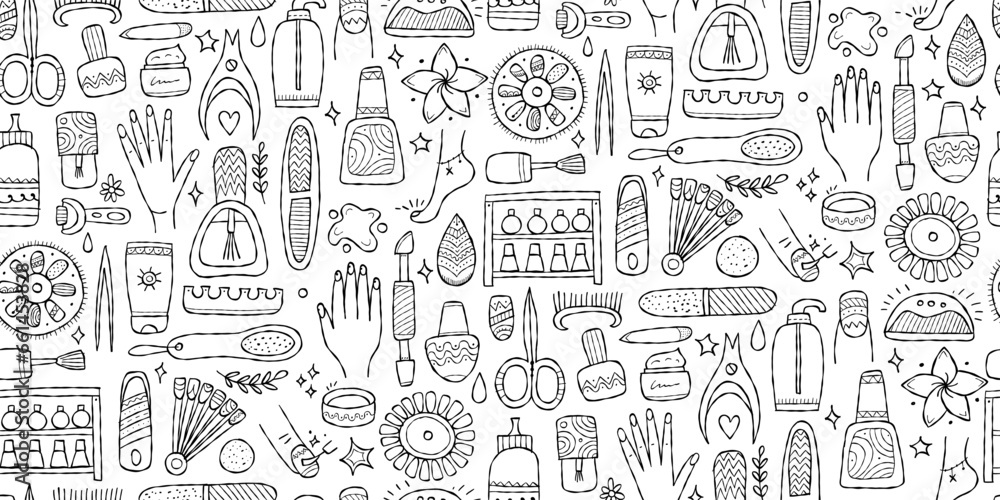 Manicure and pedicure collection. Horizontal seamless pattern background for your design. Colouring page Manicure and pedicure collection. Horizontal seamless pattern background for your design. Colouring page