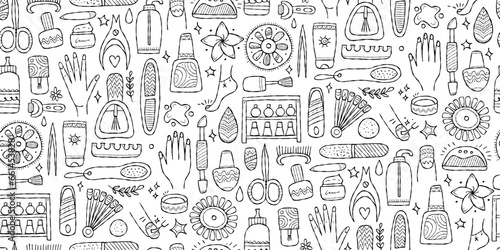 Manicure and pedicure collection. Horizontal seamless pattern background for your design. Colouring page