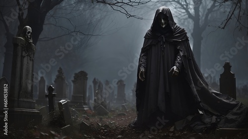 A figure in a tattered cloak, their face hidden in the shadows, beckons you towards a decrepit graveyard. As you follow, you can hear the whispers of the dead and feel their cold breath on your neck.