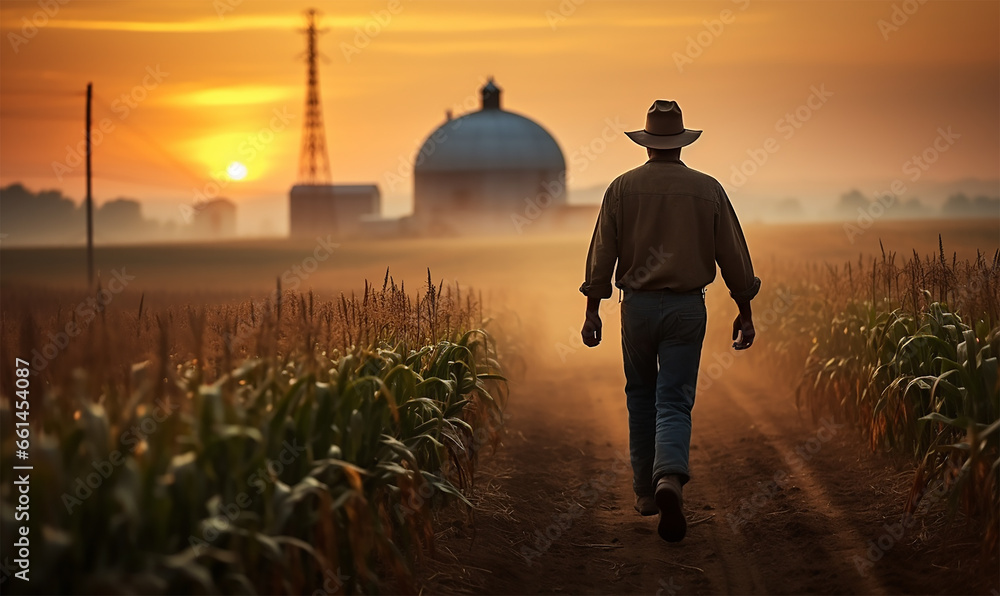 a farmer strides confidently through a corn field, the early dawn light casting a gentle glow over the tall stalks