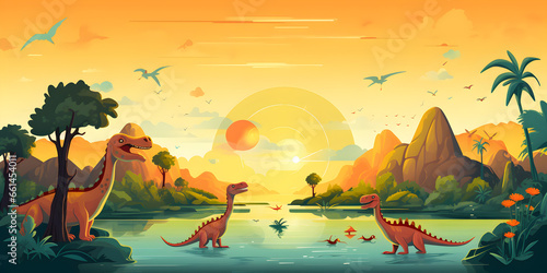 Dinosaurs in nature  with sunset background photo